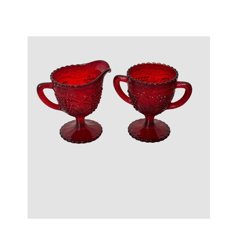 Imperial Glass Creamer Sugar Set Ruby Red Vintage Grape Embossed IG